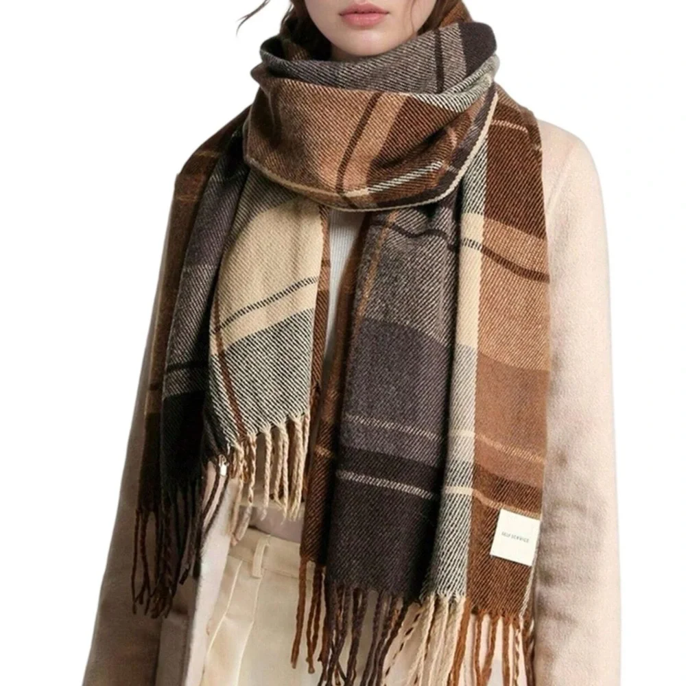 Self Service Plaid Woolen Scarf Shawl Wrap Brown Earth Tones New